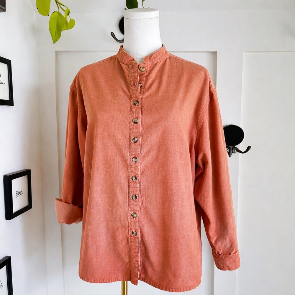 ⭐️SOLD Oversized Coral Corduroy Band Collar Shirt | Soft Cotton | Relaxed
